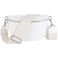 Produktbild: MIRROSI Bauchtasche Damen, Echtleder, Made in Italy, Umhängetasche, Brusttasche, (Schultertasche für jeden Anlass (1 Tasche & 2 Gurte), Crossbody Bag, Weiß, gemusterten& verstellbaren Schulterriemen weiß Große Tasche (29x18x9cm)