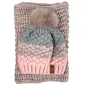 Produktbild: kennydoo Mütze & Schal Set / 2 teilig/Damen Kombi - Beanie mit großem Bommel und Loop/kuschelig gestrickt (rosa/grau)