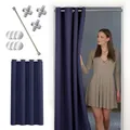 Produktbild: tinycurtains, Thermo Türvorhang mit Vorhangstange & Magneten zum Abdichten, einfache Montage ohne Bohren in 1 Min (200 x 150 cm blau + Stange Silber 70–120 cm + 6 Magnete)