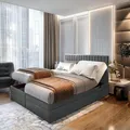 Produktbild: TRADA Boxspringbett ADÈLE 200 x 200 cm – elektrische Bett mit Matratze + Tooper und Bettkasten - Stoffbezug Veloursstoff - Dunkelgrau - 200 x 200 cm