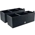 Produktbild: 2x Balkonkasten Blumenkasten Rattan-Optik Pflanztopf Blumenkübel Bewässerungsystem Schwarz Anthrazit Ohne Haken - Schwarz/Grau