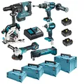 Produktbild: Makita DLX6085TJ Akku-Kombo-Kit 18V (DHR243+DHP481+DTD153+DHS680+DGA513+DTM51) / 5,0 Ah, 3 Akkus + Ladegerät + 4x MAKPAC