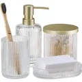 Produktbild: Navaris Badezimmer Set 4-teilig aus Glas - dekoratives Badzubehör mit Zahnputzbecher Seifenspender Seifenschale Glasdose - Bad Accessoires - Gold