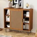 Produktbild: MERAX Kommode Aufbewahrungsschrank mit verstellbaren Einlegeböden mit Schiebetüren Rattangeflecht,Sideboard mit 6 Fächer - Braun