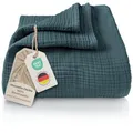 Produktbild: LAYNENBURG Premium Musselin Tagesdecke 180x220 cm - 100% Baumwolle - extraweiche Baumwolldecke als Kuscheldecke, Bett-Überwurf, Sofa-Überwurf, Couch-Überwurf - warme Sofa-Decke (Blau Mirage)