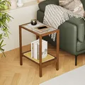 Produktbild: Bamworld Rattan Beistelltisch Wohnzimmer Glasstop Nachttisch Boho Beistelltisch 2-stöckig mit Stauraum Mid Century Moderner Nachttisch für kleine Räume schmaler Couchtisch Bambus