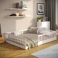 Produktbild: CADANI Timi Bodenbett Kinderbett 140x200 cm, Rausfallschutz abnehmbar, bis 200 kg belastbar, inkl. Roll-Lattenrost, Montessori Bett aus Kiefer Mass...
