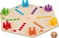 Produktbild: goki 56298 – Ludo für bis zu 6 Spieler aus Holz – Gesellschaftsspiel im XL-Format, Durchmesser ca. 34 cm, beidseitig bespielbar