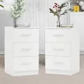 Produktbild: Nachtschrank 2er Set Weiß hochglanz 65.5cm hoch Nachttisch mit 3 Schubladen mit Griff Kommode Boxspringbett Nachtkommode Schrank - Weiß