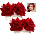 Produktbild: iwobi Damen Rose Blume Handarbeit Haarspange,Braut Rose Blume Haarkamm Haarschmuck für Hochzeit Party Halloween Karneval Maskerade(Rot)