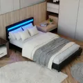 Produktbild: Juskys Polsterbett 120x200 cm – Bett Paris mit LED Beleuchtung, Lattenrost & Kopfteil, modernes Doppelbett aus Kunstleder & Holz – Schwarz