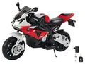 Produktbild: JAMARA 460280 Ride-on Motorrad BMW S1000RR rot 12V – 2-Gang, leistungsstarker Antriebsmotor & Akku-Fahrzeit bis 90 Min, Hupe & Motorgeräusch, LED-Scheinwerfer,Stützräder abnehmbar,Seitenständer