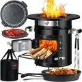 Produktbild: Raketenofen Inkl. Grillpfanne aus Gusseisen mit Tragetasche Dutch Oven bbq Rakete Holzofen Camping Campingkocher Campinggrill Edelstahl Schwarz inkl.