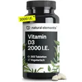 Produktbild: natural elements Vitamin D3 2000 I.E. – 365 Tabletten – für Knochen und Immunsystem – hochdosiert, ohne unnötige Zusätze – in Deutschland produziert & laborgeprüft