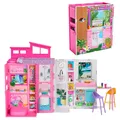 Produktbild: Barbie-Puppenhaus Spielset, Ferienhaus mit 4 Spielbereichen, darunter Küche, Badezimmer, Schlafzimmer und Lounge, 11 Deko-Zubehörteile, HRJ76