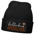 Produktbild: MoonWorks® Damen Beanie mit Patch Hallöchen Aperölchen Strickmütze mit Spruch Aufdruck Lustig Damenmütze Schwarz-orange Unisize