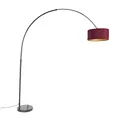 Produktbild: Qazqa - Modern Bogenleuchte I Bogenlampe I Lampe I Leuchte Schwarzer Samt-Schirm Rot mit Gold I Messing 50 cm - XXL I Wohnzimmer I Schlafzimmer - Stahl Länglich I Zylinder I Rund - LED geeignet E27
