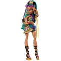 Produktbild: Monster High Nefera De Nile Puppe, Königsmumie im Kleid mit Haustier-Skarabäus Lavish und 7 Zubehörteilen wie Handtasche, Laptop, Sonnenbrille, Getränk und Snacks, JDR48