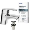 Produktbild: HANSA MIX XS Waschtischarmatur I Wassersparender Wasserhahn Badezimmer mit Wasserbremse | Kompakte Mischbatterie Bad für Gäste WC | Ablaufgarnitur mit Zugstange | Einhebelmischer Waschbecken | Chrom