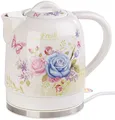 Produktbild: Rosenstein & Söhne Wasserkocher Blumen: Keramik-Wasserkocher mit Blumenmuster, 1,7 Liter, 1.500 Watt (Retro, Vintage, Uhr)