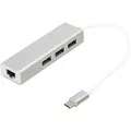 Produktbild: USB 3.2 Gen 1 Multiport-Hub, USB-C Stecker > 3x USB-A Buchse + RJ-45 Buchse, USB-Hub weiß/silber, 20cm, Gigabit LAN