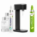 Produktbild: Sparpaket: Mysoda Ruby - Wassersprudler aus Aluminium mit 1L und 0,5L BPA-freier Plastikflasche, CO2-Zylinder Classic + CO2-Zylinder Limette (Schwarz)