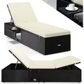 Produktbild: Sonnenliege Mit Klapptisch Wetterfest 7cm Auflagen Gartenliegen 160kg Belastbar 7-fach Verstellbar Liegestuhl Polyrattan 200x58cm Schwarz Creme - Casaria