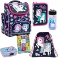 Produktbild: Schulranzen Set 6er Ranzen Tornister Federmappe Turnbeutel Turnsack Brotdose Trinkflasche Aufgabenheft für die Grundschule Einhorn Unicorn Motiv - Rosa/Hellrosa/Dunkelrosa/Bunt