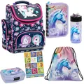 Produktbild: Goldkids Schulranzen Set 6er Ranzen Tornister Federmappe Turnbeutel Turnsack Brotdose Trinkflasche Aufgabenheft für die Grundschule Einhorn Unicorn Motiv