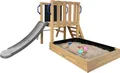 Produktbild: AXI Leah Mini Spielturm aus Holz in Braun mit grauer Rutsche | Kleiner Spielturm für Kinder mit Sandkasten, Picknicktisch und Kreidetafel | Spielgerät für den Garten