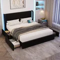 Produktbild: MODFU Polsterbett Doppelbett Jugendbett 140×200cm Bettgestell Bettgestell mit LED-Beleuchtung im Kopfteil, mit Schubladen & USB-Anschlus,Schwarz