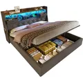 Produktbild: OKWISH Polsterbett mit LED-Beleuchtung 150x200 cm Retro Design mit Stauraum hydraulisch USB Ladeanschluss Massivholz Metallgestell Grau