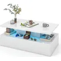 Produktbild: COSTWAY LED-Couchtisch, moderner 2-stufiger hochglänzender weißer Couchtisch mit einstellbaren Lichtfarben, Geschwindigkeit & Helligkeit Weiß - Weiß