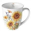 Produktbild: Ambiente Tasse 10cm Porzellan mit Sonnenblumen Motiv - 0,4L Keramiktasse Porzellangeschirr Kaffeetasse Teetasse Kakaotasse Sommergeschirr Blumenmotiv Weiß Gelb