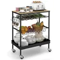 Produktbild: Sekey Servierwagen mit Rollen | Barwagen und Griff | Weinglashalter | Oberer MDF-Platte | mit 4 Haken | 360°-Gummiräder mit Bremse | Rostfest | Küchenwagen für Küche, Bar, Esszimmer | Schwarz