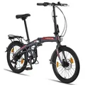 Produktbild: Licorne Bike Phoenix 2D, 20 Zoll Aluminium-Faltrad-Klapprad, Scheibenbremse, Discbremse, V-Bremse Faltfahrrad-Herren-Damen, 7 Gang Kettenschaltung - Folding City Bike, Alu-Rahmen, StVZO, Vorderlampe, Hinterlampe Farbe:Anthrazit-Rot;Stil:Disc-Bremse