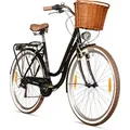 Produktbild: Bergsteiger Marseille 26 Zoll 28 Zoll Damenfahrrad, ab 150 cm, Korb aus Rattan, Fahrrad-Licht, Damen-Citybike, Damenrad im Retro-Design, 6 Gang Shi... - Schwarz