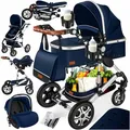 Produktbild: KESSER® Loops 4 in 1 Kinderwagen Kombikinderwagen Komplett-Set inkl. Babywanne & Buggy Sportsitz & Auto-Babyschale Voll-Gummireifen Wickeltasche Regenschutz Kindertisch ECE R129, Blau/Silber