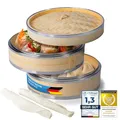 Produktbild: Dimono® Dampfgarer Bambus mit Edelstahl, 2 Etagen Bambus-Dämpfer mit Deckel, Dampfkorb Reiskocher für Sim Sum Dumplings, Gemüse, Reis, Fleisch und Fisch (Ø 24 cm)
