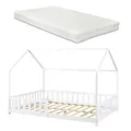 Produktbild: [en.casa] Kinderbett Hesel Hausbett mit Matratze 120 x 200 cm Weiß mit Rausfallschutz und Lattenrost Montessori Bodenbett Jugendbett Holzbett