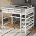 Produktbild: Flieks Hochbett mit Schreibtisch und Regalen onhe Stuhl Kiefernholzbett Kinderbett mit Lattenrost 140x200cm - Weiß