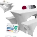 Produktbild: Beautissu Edles Stretchhussen Set 3tlg. Victoria - Elastische Hussen für Bierzeltgarnitur 220x70 cm – Festliche Husse Biertisch + 2 Bierbank - Bierzeltgarnitur Hussen in Weiß