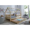 Produktbild: TiCAA Kinderbett Hausbett Montessori Kay 90x200, 100x200 cm, 120x200 cm, 140x200 für Jungen & Mädchen mit Schubladen, Rausfallschutz & Rolllattenrost - aus Kiefer Massivholz für Kinderzimmer