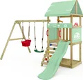 Produktbild: WICKEY Spielturm Klettergerüst DinkyHouse mit Schaukel & Rutsche, Kletterturm mit Sandkasten, Leiter & Spiel-Zubehör – pastellgrün