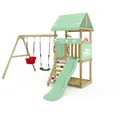 Produktbild: Wickey Spielturm DinkyHouse mit Schaukelanbau - pastellgrüne Rutsche & Plane - Kinder Kletterturm für den Garten aus Massivholz - 303x317x247 cm