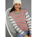Produktbild: Strickpullover LAURA SCOTT, Damen, Gr. 40/42 (M), bunt (grau, rosa, gestreift), Strick, Obermaterial: 50% Baumwolle, 50% Polyacryl, gestreift, kontrastfarbene Details, normal hüftbedeckend, Rundhals, Rippbündchen, Pullover Strickpullover, in trendy Streifenmuster mit Knopfleiste
