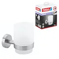 Produktbild: tesa Moon Zahnputzbecher mit Halterung - Becher aus satiniertem Glas, verchromte Wandhalterung - zur Wandbefestigung ohne Bohren, inkl. Klebelösung - 67mm x 95mm x 107mm