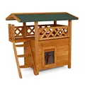 Produktbild: lionto Katzenhaus mit Terrasse und Treppe, Outdoor Lodge für Katzen aus robustem Holz bietet Schutz vor Witterung, 77x50x73 cm, PVC-Lamellen schützen vor Wind, Montageanleitung mitgeliefert, braun