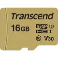 Produktbild: Transcend microSDHC 500S 16GB Class 10 UHS-I U3 V30 + Adapter MicroSD Karte