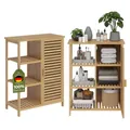 Produktbild: Bellamio Newa Badschrank Bambus – Badregal mit 6 Fächern & 1 Tür – Badezimmerschrank Holzoptik – Bambusschrank lackiert – Aufbewahrungsschrank 85x33x66 cm – Bambusregal schmal – Badmöbel